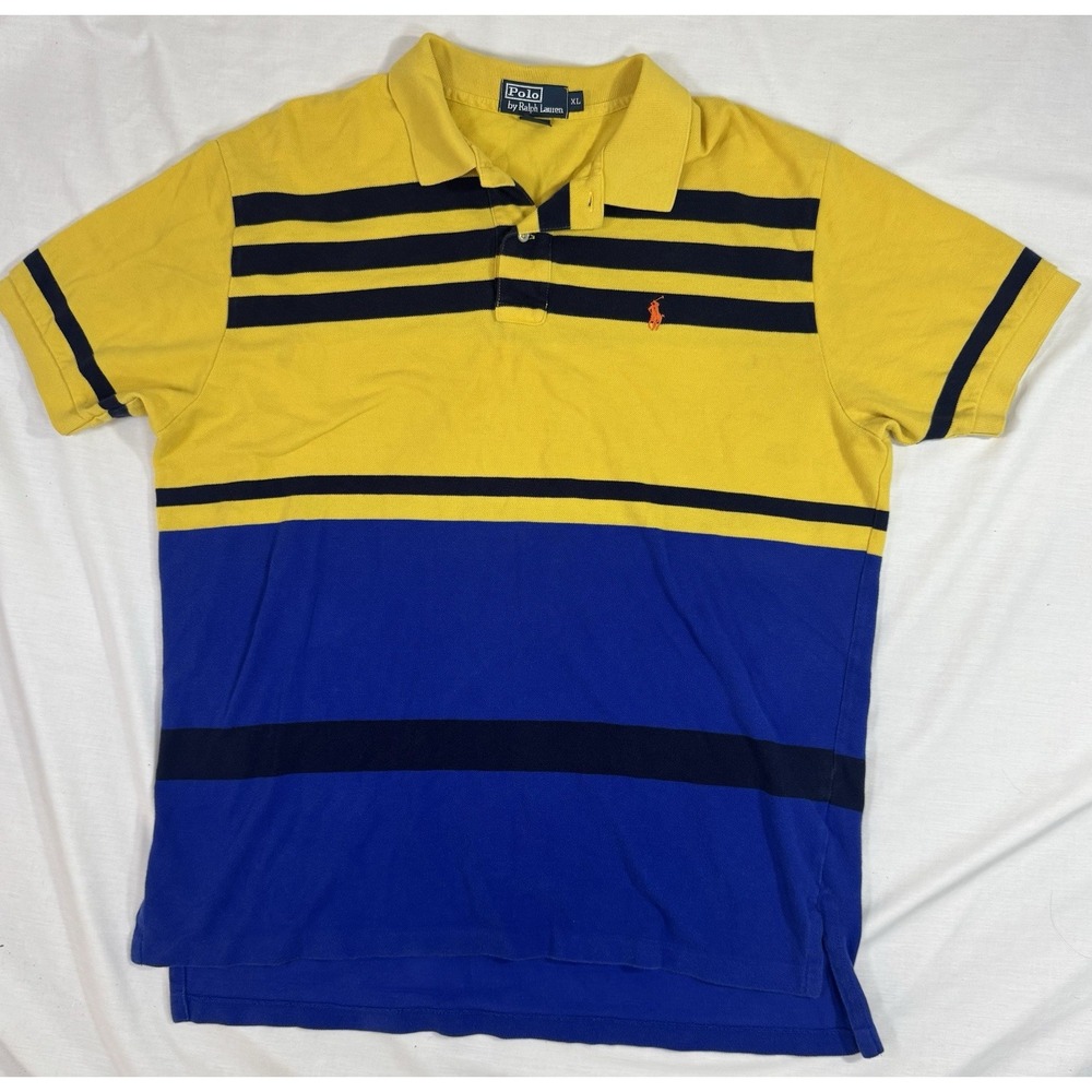 Polo Ralph Lauren Striped Color Block Polo Shirt Men's Size XL Yellow Blue